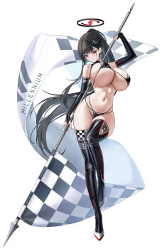 1girl absurdres alternate_costume arm_up bikini black_bikini black_gloves black_hair black_shrug black_thighhighs blue_archive bouncing_breasts breasts bright_pupils commentary_request elbow_gloves fingerless_gloves flag full_body gloves hair_behind_ear halo highres holding holding_flag huge_breasts long_hair narrow_waist navel race_queen red_eyes ringed_eyes rio_(blue_archive) sab_(sab2500) shoes shrug_(clothing) simple_background standing standing_on_one_leg stomach swimsuit thighhighs underboob very_long_hair white_background white_pupils white_shoes