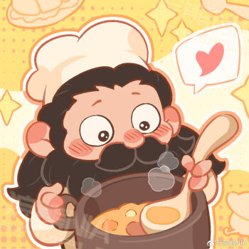 1boy alternate_costume artist_request beard blush chef chef_hat chibi cooking dungeon_meshi dwarf facial_hair hat heart holding holding_ladle ladle long_beard male_focus mustache senshi_(dungeon_meshi) solo spoken_heart thick_mustache very_long_beard