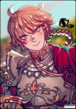 1boy absurdres ahoge armor blonde_hair braid determined fate/grand_order fate/strange_fake fate_(series) highres holding holding_sword holding_weapon knight maewenmitzuki red_eyes red_hair richard_i_(fate) single_braid solo sword type-moon weapon