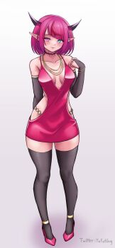 1girl alternate_costume aqua_eyes bare_shoulders black_choker black_gloves black_hair blush breasts choker closed_mouth clothing_cutout commentary dress elbow_gloves eyelashes fingerless_gloves full_body gloves heterochromia high_heels highres hip_vent hololive hololive_english horns irys_(hololive) jewelry medium_hair multicolored_hair necklace pink_dress pink_eyes pink_hair pink_shoes pointy_ears red_hair shoes smile solo standing streaked_hair thighhighs twitter_username two-tone_hair virtual_youtuber yafatguy zettai_ryouiki