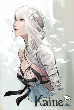 1girl absurdres bandaged_arm bandaged_neck bandages braid braided_hair_rings breasts character_name commentary_request flower hair_flower hair_ornament hair_rings highres kaine_(nier) lingerie long_hair looking_up medium_breasts negligee nier nier_(series) pink_lips solo suru_(seiya) underwear upper_body white_flower white_hair yellow_eyes