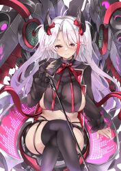 Rule 34 | 1girl, azur lane, black panties, black shorts, blush, boots, bow, breasts, crop top, crossed legs, grin, hair bow, hair over one eye, half-closed eyes, hand up, headgear, highleg, highleg panties, highres, holding, holding microphone, large breasts, long hair, looking at viewer, micro shorts, microphone, microphone stand, midriff, mole, mole on breast, multicolored hair, mutou mame, orange eyes, panties, plaid, plaid bow, prinz eugen (azur lane), prinz eugen (muse) (azur lane), red bow, red hair, rigging, shorts, sideboob, sideboob cutout, sitting, smile, solo, streaked hair, thigh boots, two-tone hair, underwear, very long hair, white hair