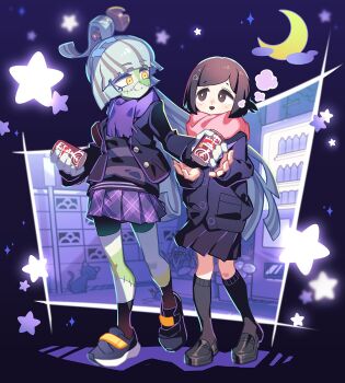 2girls animal animal_ears arm_up black_footwear black_jacket black_skirt black_socks blush breath brown_eyes brown_hair brown_socks buttons can cat cat_ears cat_tail closed_eyes colored_skin crescent donuttypd flower giving green_hair green_skin grey_hair hair_flowing_over hair_ornament hands_up highres jacket kneehighs light_smile long_hair long_sleeves looking_at_another looking_up medium_skirt monster_girl moon multicolored_hair multicolored_skin multiple_girls night open_clothes open_jacket open_mouth original pink_scarf plaid_clothes plaid_skirt plant pleated_skirt ponytail purple_scarf purple_skirt ririka_(donuttypd) scarf screw shine shoes short_hair shorts shorts_under_skirt skirt sky smile socks star_(sky) star_(symbol) starry_sky stitched_face stitched_leg stitches striped sylvie_(donuttypd) tail vending_machine very_long_hair walking whiskers yellow_eyes