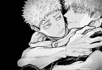Rule 34 | 2boys, black background, closed mouth, commentary request, gojou satoru, greyscale, highres, hood, hood down, hug, hug from behind, itadori yuuji, jujutsu kaisen, looking at another, male focus, monochrome, multiple boys, nay bb, scar, scar on face, scar on mouth, short hair, sideburns, simple background, smile