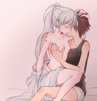 2girls black_hair breasts closed_eyes grabbing_another's_breast groping hand_in_own_hair long_hair multiple_girls nagasawa_(tthnhk) nipples ponytail ruby_rose rwby short_hair small_breasts tank_top topless_female weiss_schnee white_hair yuri