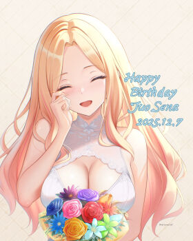 Rule 34 | 1girl, :d, akiyomi, artist name, blonde hair, blue flower, blue rose, blush, bouquet, breasts, character name, cleavage, cleavage cutout, closed eyes, clothing cutout, commentary request, dated, facing viewer, flower, gakuen idolmaster, happy birthday, happy tears, highres, holding, holding bouquet, idolmaster, juo sena, large breasts, long hair, multicolored hair, open mouth, parted bangs, pink flower, pink hair, pink rose, purple flower, purple rose, red flower, red rose, rose, shirt, sleeveless, sleeveless shirt, smile, solo, streaked hair, tears, twitter username, two-tone hair, upper body, white shirt, wiping tears, yellow background, yellow flower, yellow rose