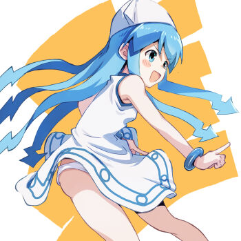 1girl :d akayama_yukihe ass blue_eyes blue_hair blush_stickers clothes_lift commentary cowboy_shot dress dress_lift from_side hair_between_eyes hat highres ikamusume index_finger_raised long_hair looking_ahead open_mouth outstretched_arm panties panty_peek shinryaku!_ikamusume short_dress simple_background sleeveless sleeveless_dress smile smug solo tentacle_hair thighs two-tone_background underwear v-shaped_eyebrows very_long_hair white_background white_dress white_hat white_panties wind wind_lift yellow_background