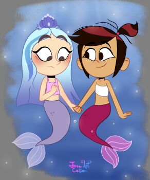 2girls absurdres andrea_davenport artist_name bubble full_body highres joseartcentenoofficial mermaid molly_mcgee monster_girl multiple_girls smile the_ghost_and_molly_mcgee tiara