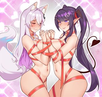 2girls animal_ear_fluff animal_ears averting_eyes blush bound bound_together breast_press breasts brown_eyes cleavage closed_mouth commission demon_girl demon_tail embarrassed fox_ears fox_girl fox_tail from_side hair_ornament hairclip haruse_(kichiroharuse) heart heart_tail highres large_breasts lips long_hair multiple_girls naked_ribbon navel open_mouth original pink_hair pointy_ears purple_eyes purple_hair ribbon ribbon_bondage smile stomach symmetrical_docking tail twintails very_long_hair yuri