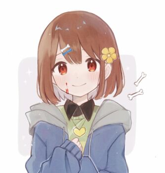 1other blood blood_on_face blue_jacket bob_cut bone bone_hair_ornament border brown_hair chara_(undertale) closed_mouth collared_shirt commentary_request cosplay flower green_sweater grey_hood hair_between_eyes hair_flower hair_ornament heart heart_necklace hood hood_down hooded_jacket jacket jewelry long_sleeves looking_at_viewer nano_mochi necklace other_focus outside_border puffy_long_sleeves puffy_sleeves red_eyes sans_(undertale) sans_(undertale)_(cosplay) shirt short_hair simple_background smile solo straight-on sweater undertale upper_body utdr_(toby_fox) white_border yellow_flower