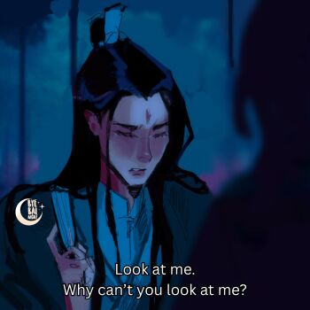 1boy artist_logo bindi biting_own_lip black_hair blush byebainight chinese_clothes closed_eyes crescent curtained_hair english_text facial_mark folding_fan forehead_mark furrowed_brow green_hanfu hair_bun half_updo hand_fan hanfu highres holding holding_fan kpop_demon_hunters logo long_hair luo_binghe male_focus night nose_blush out_of_frame parted_bangs renzha_fanpai_zijiu_xitong scene_reference shadow shen_qingqiu silhouette single_hair_bun sparkle straight_hair v-shaped_eyebrows widow's_peak xiao_guan_(headdress)