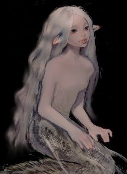 1girl absurdres black_background brown_eyes commentary english_commentary expressionless hands_on_lap highres long_hair looking_to_the_side mermaid monster_girl nude original pink_lips pointy_ears simple_background sitting solo twulfs wavy_hair white_hair