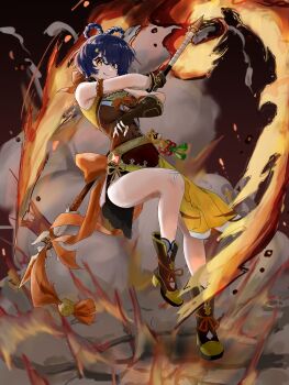 1girl absurdres bandaid bandaid_on_knee bandaid_on_leg blue_hair boots bow braid braided_hair_rings breasts brown_boots brown_gloves chinese_clothes fingerless_gloves fire full_body genshin_impact gloves hair_rings highres holding holding_weapon jibakurei looking_at_viewer orange_bow polearm short_hair sleeveless small_breasts smile smoke solo vision_(genshin_impact) weapon xiangling_(genshin_impact) yellow_eyes