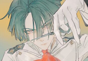 Rule 34 | 1boy, ace attorney, arm up, black hair, blue eyes, blunt ends, commentary, cutting hair, cutting own hair, gloves, highres, holding, holding scissors, jacket, kazuma asogi, long sleeves, male focus, necktie, qwjo27a, red necktie, scissors, solo, untranslatable commentary, the great ace attorney, upper body, white gloves, white jacket