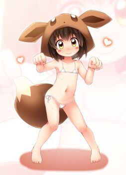 1girl animal_ears barefoot bikini blush blush_stickers brown_hair collarbone commentary_request cosplay eevee eevee_(cosplay) eevee_ears eevee_tail female_focus flat_chest full_body gen_1_pokemon heart highres kso legs_apart loli looking_at_viewer micro_bikini navel nintendo paw_pose poke_kid_(pokemon) pokemon pokemon_swsh pokemon_tail short_hair side-tie_bikini_bottom smile solo standing stomach sweat swimsuit tail white_bikini yellow_eyes zoom_layer
