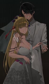 1boy 1girl ahoge araragi_koyomi bad_tag black_eyes black_hair blonde_hair breasts bridal_veil bride brooch buttons cigarette cleavage dress fingernails flower formal_clothes grin groom hair_flower hair_ornament hair_ribbon husband_and_wife jewelry kiss-shot_acerola-orion_heart-under-blade long_fingernails long_hair monogatari_(series) oshino_shinobu pointy_ears ponytail ribbon ring smile smoke suit tabulagami teeth veil white_dress white_suit