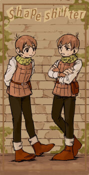 2boys ahoge armor arms_behind_back belt belt_buckle belt_pouch black_pants boots brown_belt brown_hair brown_shoes buckle chilchuck_tims commentary_request crossed_arms dungeon_meshi english_text frown full_body furrowed_brow halfling highres moss multiple_boys neck_warmer pants pouch shapeshifter_(dungeon_meshi) shirt shoes short_hair stone_wall sweatdrop syugyoou039 white_shirt