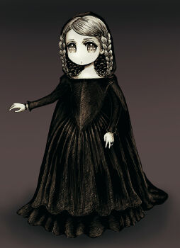 1girl black_hood braid cape commentary_request curly_hair dress expressionless full_body greyscale hooded_dress jewelry leica_(leica_xx) long_dress monochrome original ring sepia solo symbol-shaped_pupils twin_braids