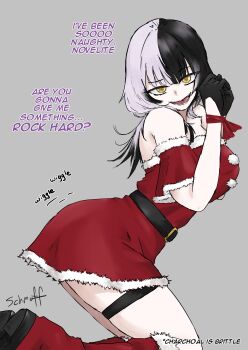 Rule 34 | 1girl, absurdres, ass shake, bare shoulders, belt, black belt, black gloves, black hair, boots, bound, bound wrists, breasts, come hither, dress, english text, fur-trimmed boots, fur-trimmed dress, fur trim, gloves, grey background, half gloves, highres, hololive, hololive english, large breasts, long hair, looking at viewer, motion lines, multicolored hair, off-shoulder dress, off shoulder, open mouth, presenting, red boots, roasting, santa costume, santa dress, schmuff, shiori novella, simple background, smile, solo, split-color hair, thigh strap, thighs, two-tone hair, virtual youtuber, white hair, yellow eyes
