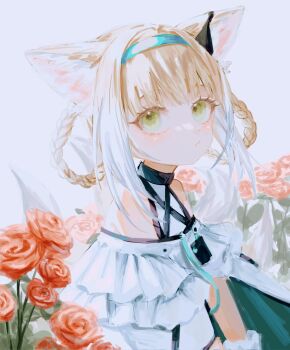 1girl animal_ears arknights bare_shoulders blonde_hair blue_hairband braid braided_hair_rings dress flower from_side gradient_hair green_eyes hair_rings hairband hashtag-only_commentary highres id_card light_blush looking_at_viewer looking_to_the_side looking_up multicolored_hair nate71762013 pout red_flower red_rose rose solo suzuran_(arknights) upper_body white_background white_dress