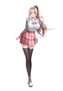 1girl :d absurdres black_choker black_scrunchie black_thighhighs blonde_hair bracelet breasts choker closers collared_shirt colored_inner_hair crossed_ankles full_body grey_jacket hair_ornament hair_scrunchie hand_up highres idol jacket jewelry large_breasts leaning_to_the_side long_hair looking_at_viewer miniskirt multicolored_hair neck_ribbon official_art open_clothes open_jacket open_mouth pink_hair pink_nails pink_ribbon pink_skirt plaid_clothes plaid_ribbon plaid_skirt pleated_skirt ponytail red_eyes ribbon school_uniform scrunchie shirt shoes simple_background skirt smile sneakers solo standing streaked_hair tachi-e teeth thighhighs upper_teeth_only v white_background white_shirt white_shoes yoon_ria_(closers) zettai_ryouiki