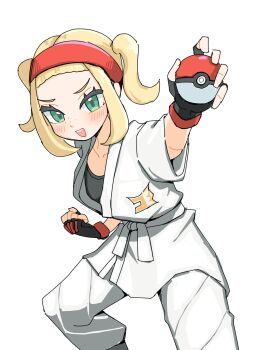 1girl absurdres black_gloves black_shirt blonde_hair blush collarbone commentary_request dougi eyelashes fingerless_gloves freckles gloves green_eyes hairband headband highres holding holding_poke_ball josee_(pokemon) karate_gi long_sleeves nintendo open_mouth orange_hairband orange_headband pants poke_ball poke_ball_(basic) pokemon pokemon_legends:_z-a saboten_no_oasis shirt sidelocks simple_background smile solo twintails white_background