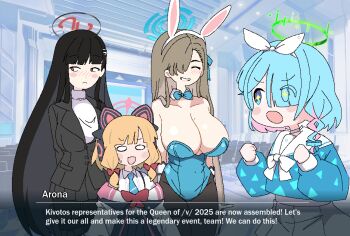 Rule 34 | 2025, 4girls, ^ ^, animal ear hairband, animal ear headphones, animal ears, arona (blue archive), asuna (blue archive), asuna (bunny) (blue archive), averting eyes, black halo, black jacket, black pants, black pantyhose, black suit, blank eyes, blonde hair, blue archive, blue bow, blue bowtie, blue eyes, blue hair, blue halo, blue leotard, blue shirt, blush, bow, bow hairband, bowtie, braid, breasts, cat ear headphones, cat ears, choker, cleavage, closed eyes, colored inner hair, detached collar, dialogue box, drawfag, english text, fake animal ears, formal clothes, grin, hair over one eye, hairband, halo, headphones, jacket, large breasts, leotard, long hair, long sleeves, mole, mole on breast, momoi (blue archive), multicolored hair, multicolored halo, multiple girls, neckerchief, official alternate costume, open mouth, pants, pantyhose, pink hair, pink halo, playboy bunny, rabbit ears, red eyes, red halo, rio (blue archive), sailor collar, shirt, short hair, single braid, skirt, smile, star-shaped pupils, star (symbol), strapless, strapless leotard, suit, sweatdrop, symbol-shaped pupils, traditional bowtie, turtleneck, two-tone halo, v-shaped eyebrows, very long hair, white choker, white hairband, white jacket, white neckerchief, white sailor collar, white skirt