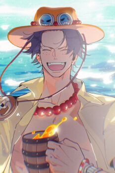 1boy arm_up arrrrrrrrrrrow bare_pectorals black_hair bracelet closed_eyes collarbone collared_shirt cup freckles hat highres holding holding_cup jewelry male_focus one_piece open_clothes open_shirt orange_hat pectorals portgas_d._ace shirt short_hair smile solo tankard teeth upper_body upper_teeth_only yellow_shirt