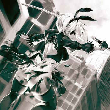 Rule 34 | 1girl, 2b (nier:automata), alternate costume, animal ears, ass, back cutout, black dress, black hairband, black thighhighs, blindfold, boots, breasts, cityscape, clothing cutout, covered eyes, dress, exploding clothes, fake animal ears, feather-trimmed sleeves, feather trim, gloves, greyscale, hairband, highleg, highleg leotard, highres, holding, holding sword, holding weapon, juliet sleeves, leotard, long sleeves, miss faves, monochrome, nier:automata, nier (series), puffy sleeves, rabbit ears, rabbit tail, short hair, solo, sword, tail, thighhighs, thighhighs under boots, thong leotard, torn clothes, torn dress, weapon, white hair, white leotard