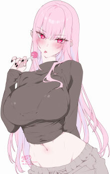 1girl absurdres artist_name black_nails blush breasts brown_pants brown_sweater candy closed_mouth commentary ear_piercing fingernails food highres hip_bones holding holding_candy holding_food holding_lollipop hololive hololive_english jewelry kamiya_maneki large_breasts lollipop long_hair long_sleeves looking_at_viewer midriff mori_calliope multiple_rings nail_polish navel pants piercing pink_eyes pink_hair ring signature simple_background sleeves_past_wrists solo stomach sweater symbol-only_commentary tongue tongue_out twitter_username virtual_youtuber white_background