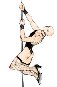 Rule 34 | 1boy, bald, black choker, black eyes, black leotard, black shoes, black wrist cuffs, choker, closed mouth, coolmeul, earrings, fishnet thighhighs, fishnets, full body, high heels, highres, holding, holding pole, jewelry, leotard, male focus, male playboy bunny, one-punch man, pectorals, pole, pole dancing, saitama (one-punch man), shoes, simple background, solo, stripper pole, thighhighs, white background, wrist cuffs