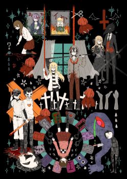 Rule 34 | 5girls, 6+boys, adjusting clothes, adjusting headwear, amputee, animal head, bandaged head, bandages, baseball bat, baseball cap, belt, belt buckle, black belt, black boots, black choker, black coat, black dress, black hat, black pants, black shorts, black socks, blonde hair, blood, blood on clothes, bloody weapon, blue flower, blue rose, boots, brown shoes, buckle, caron (higyaku no noel), choker, closed eyes, closed mouth, coat, collared shirt, commentary, cross, crossover, curtains, door, dress, eyepatch, flower, full body, garry (ib), genre connection, grey jacket, hair between eyes, hand on own chest, hat, highres, higyaku no noel, holding, holding scythe, holding weapon, hood, hood up, hooded jacket, ib (ib), ib (kouri), isaac foster, jacket, jellyfish (yume nikki), kasei-san, kneehighs, knife, kuiruri, long hair, long sleeves, madotsuki, mary (ib), mask, medical eyepatch, metal baseball bat, multiple boys, multiple crossover, multiple girls, noel cerquetti, noose, off (game), open clothes, open coat, pants, pink sweater, rachel gardner, red eyes, red pants, red shoes, red skirt, red vest, rose, satsuriku no tenshi, scissors, scythe, sekomumasada sensei, shirt, shoes, shorts, skirt, socks, sparkle, standing, striped clothes, striped shirt, sweater, the batter (off), trait connection, uboa, vest, weapon, white jacket, white pants, white shirt, white sweater, window, wing collar, yume nikki, zacharie (off)