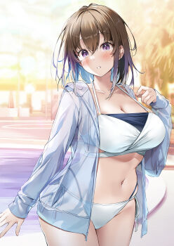 1girl bikini breasts brown_hair cleavage commentary_request cowboy_shot hawawa-chan_(sirokuma_shake) highres hood hooded_jacket jacket large_breasts long_sleeves looking_at_viewer medium_hair navel open_clothes open_jacket original poolside purple_eyes sirokuma_shake solo standing stomach swimsuit thighs variant_set water white_bikini white_jacket