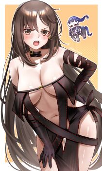 1boy 1girl absurdres arm_strap black-framed_eyewear blush breasts brown_hair centaur center_opening cleavage commentary dress ear_piercing earrings elbow_gloves extra_arms fate/grand_order fate_(series) gloves highres horns jewelry large_breasts long_hair looking_at_viewer monster_boy multiple_earrings multiple_piercings navel neck_ring piercing red_eyes revealing_clothes ribbon-trimmed_dress ribbon_trim taur umirunie very_long_hair xiang_yu_(fate) yu_mei-ren_(fate) yu_mei-ren_(second_ascension)_(fate)