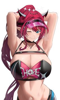 Rule 34 | 1girl, ;), absurdres, armpits, arms behind head, arms up, black choker, blue eyes, breasts, choker, cleavage, closed mouth, commentary, double halo, grey background, halo, heart, heart necklace, highres, hololive, hololive english, horns, irys (hololive), irys (race queenrys) (hololive), jewelry, large breasts, long hair, looking at viewer, navel, necklace, official alternate costume, one eye closed, pointy ears, ponytail, print bandeau, purple hair, revision, si farid, sidelocks, simple background, smile, solo, star-shaped pupils, star (symbol), stomach, sweat, symbol-shaped pupils, upper body, very long hair, virtual youtuber, visor cap