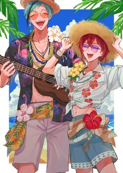 2boys :d ^_^ arms_up beach bead_necklace beads black_hair black_nails blue_hair blue_nails blue_shorts blue_sky blush border bracelet brown_headwear brown_sash buttons closed_eyes cloud collarbone collared_shirt commentary_request crossed_bangs day earrings fingernails flamingo_print floral_print flower floyd_leech floyd_leech_(tropical_wear) grey_shorts hair_between_eyes hat hawaiian_shirt hibiscus hibiscus_print highres holding holding_instrument instrument jewelry laughing leaf leaf_print male_focus midriff multicolored_hair multiple_boys nail_polish navel necklace ocean open_clothes open_mouth open_shirt orange-tinted_eyewear outside_border palm_leaf parted_bangs pink_flower print_sash print_shirt purple-tinted_eyewear red_flower red_hair riddle_rosehearts riddle_rosehearts_(tropical_wear) round_eyewear round_teeth sash sharp_teeth shirt short_hair short_sleeves shorts sidelocks single_earring sky smile standing straw_hat streaked_hair sunglasses teeth tied_shirt tinted_eyewear tongue twisted_wonderland ukulele water white_border white_flower white_shirt yellow_flower yellow_sash yo_(amrnoyo)