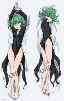 1girl arms_up bare_legs barefoot breasts collared_dress dakimakura_(medium) dress female_focus full_body green_eyes green_hair looking_at_viewer matching_hair/eyes official_art one-punch_man short_hair small_breasts solo tatsumaki