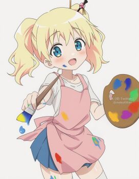 Rule 34 | 1girl, alice cartelet, apron, blonde hair, blue eyes, blue skirt, blush, collarbone, dot nose, feet out of frame, female focus, hair between eyes, hair ornament, holding, kin-iro mosaic, long hair, nekofilter, open mouth, paint, paint palette, paint splatter, paintbrush, shiny skin, shirt, short hair, short sleeves, simple background, skirt, solo, thighhighs, twitter username, white background, white shirt, white thighhighs
