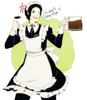 1boy adachi_tooru alternate_costume anger_vein atlus censored censored_gesture coffee coffee_pot crossdressing crossdressing_(mtf) english_text enmaided false_smile hanpetos maid maid_headdress male_focus male_maid middle_finger one_eye_closed persona persona_4 pointless_censoring profanity smile solo thighhighs wink