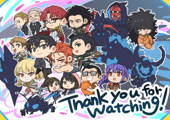 4girls 6+boys absurdres armor baek_yoon-ho bear beru_(solo_leveling) black_hair black_jacket black_necktie black_pants blonde_hair blue_pants brown_eyes brown_hair cape cha_hae-in chibi choi_jong-in closed_mouth crossed_arms demon_girl dragon esil_radiru glasses go_gun-hee goto_ryuji green_eyes grey_eyes han_song-yi hand_up hands_in_pockets helmet highres hwang_dong-soo igris_(solo_leveling) iron_(solo_leveling) jacket kaisel_(solo_leveling) long_hair looking_at_another looking_at_viewer looking_back looking_to_the_side min_byung-gu multiple_boys multiple_girls necktie no_shirt official_art ogre open_mouth orange_eyes orange_hair orange_pants orange_shirt pants pointy_ears prison_clothes purple_hair red_cape red_eyes red_hair serious shadow shirt shoes short_hair smile solo_leveling sung_il-hwan sung_jin-ah sung_jin-woo surprised sword tank_(solo_leveling) tusk_(solo_leveling) very_long_hair very_short_hair weapon white_hair white_shirt woo_jin-chul yoo_jin-ho