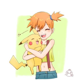 1girl :d bare_arms blue_shorts blush closed_eyes collarbone crop_top eyelashes gen_1_pokemon green_background green_shirt green_shorts hair_tie happy holding holding_pokemon hug midriff misty_(pokemon) navel nintendo open_mouth orange_hair pikachu pokemon pokemon_(anime) pokemon_(classic_anime) pokemon_(creature) pokemon_rgby ponytail psyduck shirt short_hair shorts side_ponytail sleeveless sleeveless_shirt smile suspenders teeth tongue yellow_shirt