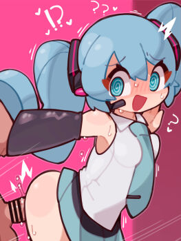 !? 1boy 1girl ? @_@ arm_support bar_censor blue_eyes blue_hair blue_necktie blush censored detached_sleeves from_side hair_ornament hatsune_miku headset heart highres holding_another&#039;s_wrist necktie open_mouth penis pink_background pleated_skirt pussy_juice sex sex_from_behind shirt skirt sleeveless sleeveless_shirt suiran_(suiran2822) surprised tie_clip twintails vocaloid white_shirt