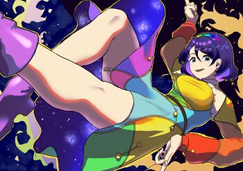 1girl absurdres belt boots breasts brown_belt cape cloak constellation_print dress hairband highres knee_boots long_sleeves medium_breasts multicolored_dress multicolored_hairband open_mouth patchwork_clothes pointing pointing_down pointing_up purple_eyes purple_footwear purple_hair rainbow_gradient short_hair sky_print tenkyuu_chimata touhou two-sided_cape two-sided_fabric urizaku3 white_cape white_cloak zipper