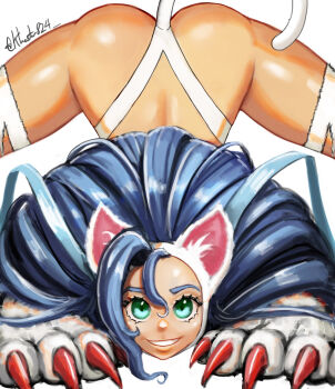 1girl animal_ears animal_hands ass blue_hair cat_ears cat_tail claws dark-skinned_female dark_skin darkstalkers felicia_(darkstalkers) green_eyes khester824 long_hair looking_at_viewer tail teeth top-down_bottom-up very_long_hair white_background white_fur