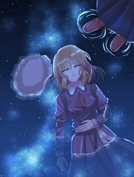 Rule 34 | 2girls, black skirt, blonde hair, brown shoes, closed eyes, collared dress, commentary, contrast collar, dinotodon, dress, hat, highres, long sleeves, lying, maribel hearn, medium hair, mob cap, multiple girls, neck ribbon, on back, open mouth, partially submerged, purple dress, red ribbon, reflection, ribbon, ripples, sash, shoes, skirt, sky, sleeve garter, solo focus, standing, star (sky), starry sky, touhou, unworn headwear, usami renko, water, white hat, white sash