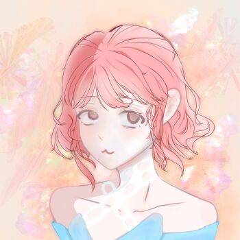 1girl :3 absurdres bare_shoulders blue_shirt brown_eyes chinese_commentary closed_mouth collarbone commentary_request criss-cross_halter eyelashes floral_background halterneck happy highres infinity_nikki light_blush looking_at_viewer nikki_(nikki) nikki_(series) off-shoulder_shirt off_shoulder orange_background pink_hair shirt short_hair smile solo upper_body wavy_hair yanjiujun