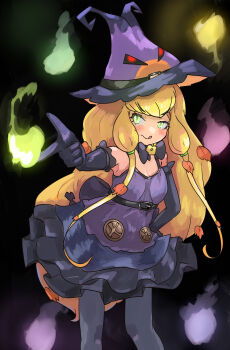 1girl :p absurdres black_bow black_bowtie black_gloves black_hat black_pantyhose blonde_hair blush bow bowtie cowboy_shot dress elbow_gloves fire frilled_dress frills gloves glowing glowing_eyes green_eyes hair_between_eyes halloween hat highres jack-o'-lantern_(kemono_friends) kemono_friends leaf multicolored_hair official_alternate_costume orange_hair pantyhose plant_hair pleated_skirt pointing purple_dress purple_hat sidelocks skirt solo spaghetti_strap tongue tongue_out toro_orororo witch_hat