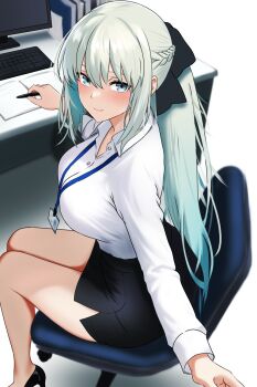 1girl bamboo_tac black_bow black_dress black_skirt blue_eyes blush bow braid breasts chair cleavage collared_shirt commentary_request computer_keyboard dress fate/grand_order fate_(series) grey_hair hair_bow half_up_braid highres id_card lanyard large_breasts long_hair long_sleeves looking_at_viewer monitor morgan_le_fay_(fate) office office_chair office_lady pencil_skirt ponytail salaryman shirt shirt_tucked_in sidelocks skirt smile solo swivel_chair very_long_hair white_hair white_shirt