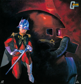 Rule 34 | 1970s (style), 1980s (style), 1990s (style), 1998, 1boy, absurdres, belt, blonde hair, boots, cable, char aznable, combat helmet, cover, epaulettes, eye mask, gloves, gundam, helmet, highres, kneeling, laserdisc cover, logo, machinery, mask, mecha, military uniform, mobile suit, mobile suit gundam, nose art, official art, oldschool, one-eyed, painting (medium), radio antenna, realistic, retro artstyle, robot, scan, science fiction, signature, star (symbol), title, traditional media, white boots, white gloves, yasuhiko yoshikazu, zaku, zaku ii, zaku ii s char custom, zeon