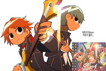 2boys grey_hair guitar hanamura_yousuke headphones headphones_around_neck holding holding_guitar holding_instrument instrument multiple_boys narukami_yu nt_26 official_art_inset parody persona persona_4 ramona_flowers school_uniform scott_pilgrim scott_pilgrim_(series) scott_pilgrim_takes_off yasogami_school_uniform